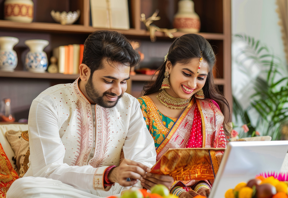 Wedding couple reviewing technology ROI calculations on laptop