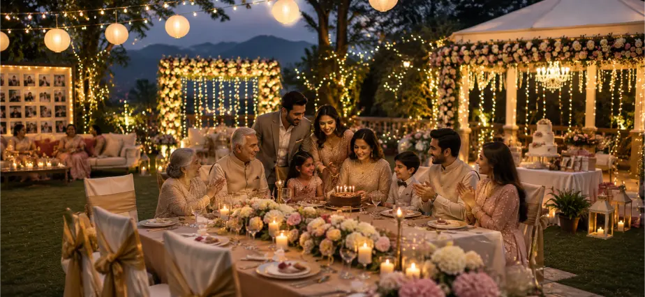 Family celebrating a special occasion with decorations and joy