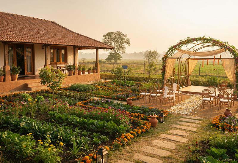 Eco-friendly farmhouse with organic gardens and sustainable wedding setups