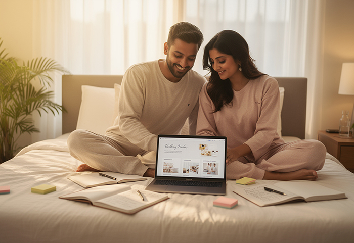 Couple researching wedding vendors on laptop with notebooks