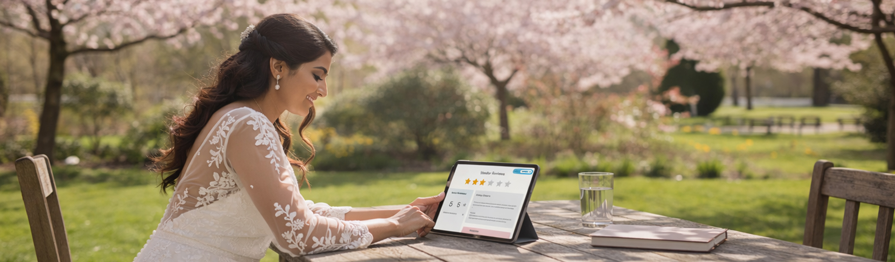 Couple reviewing wedding vendor quotes and contracts at home