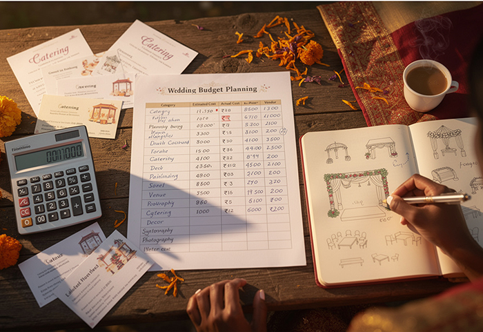Wedding budget planning worksheet with calculator and vendor quotes