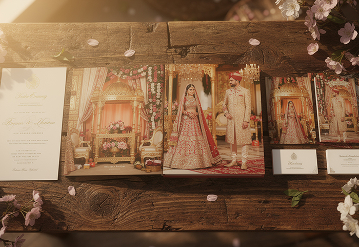 Wedding vendor portfolio samples spread on table