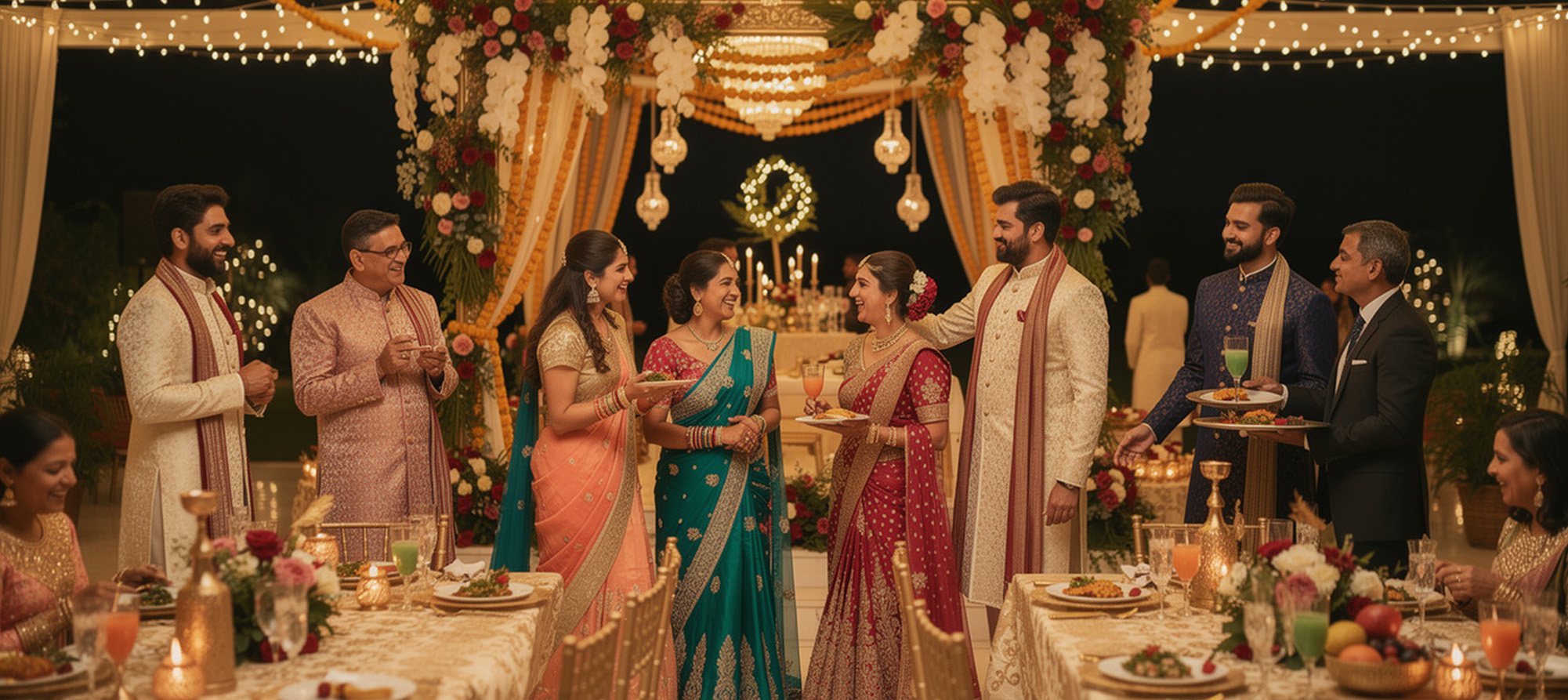 Elegant wedding reception with guests enjoying hospitality services and warm atmosphere