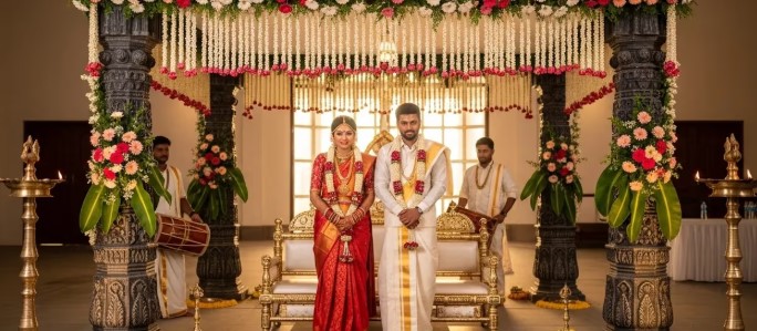 Hindu wedding cost breakdown Chennai ceremonial setup with traditional decorations