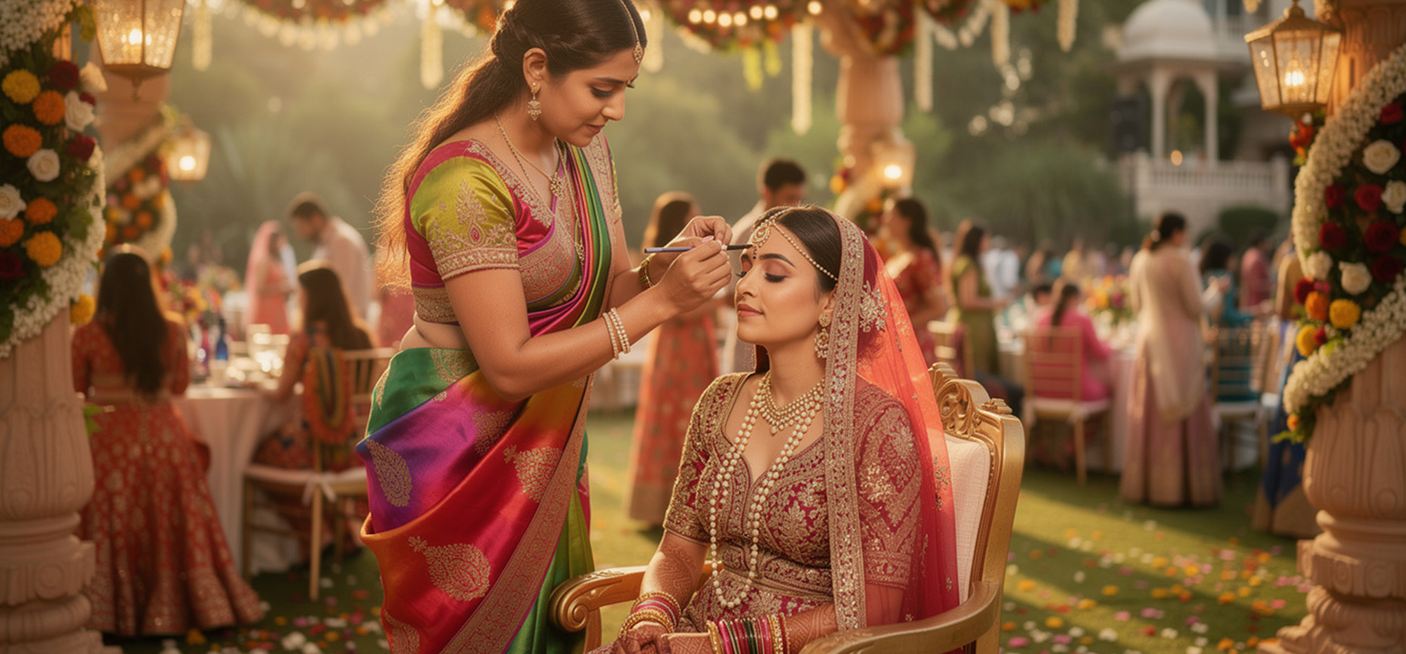 Beautiful Indian bride getting wedding makeup applied by professional makeup artist