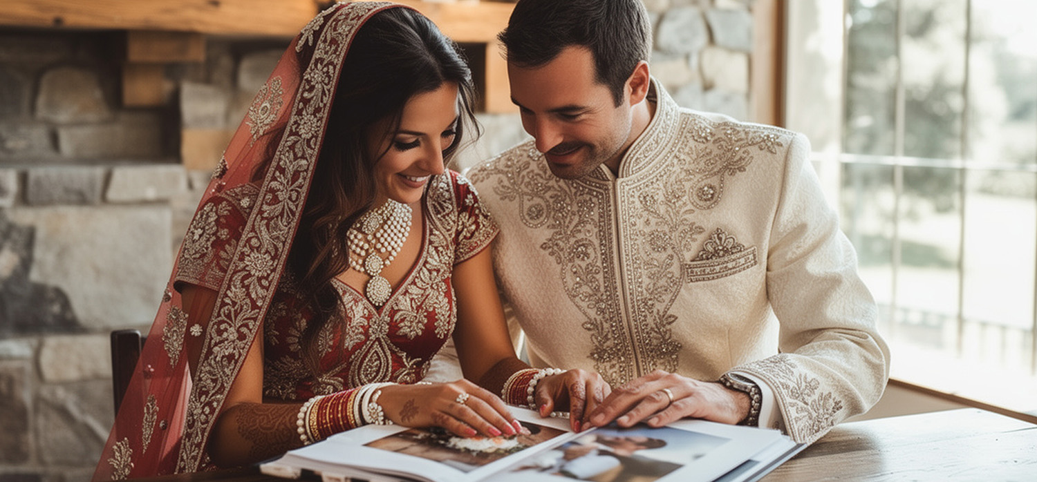 Couple browsing wedding entertainment options on Happiffie platform with musicians and performers in background