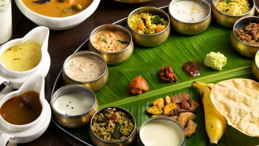 Traditional Indian wedding feast with multiple cuisines