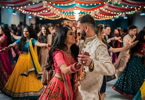 Wedding guests enjoying interactive entertainment with live musicians and dancers