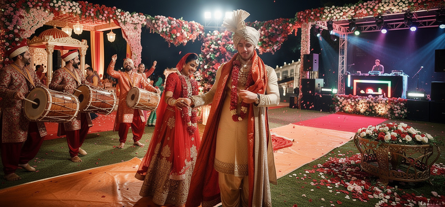 Indian wedding celebration featuring traditional dancers and modern DJ setup