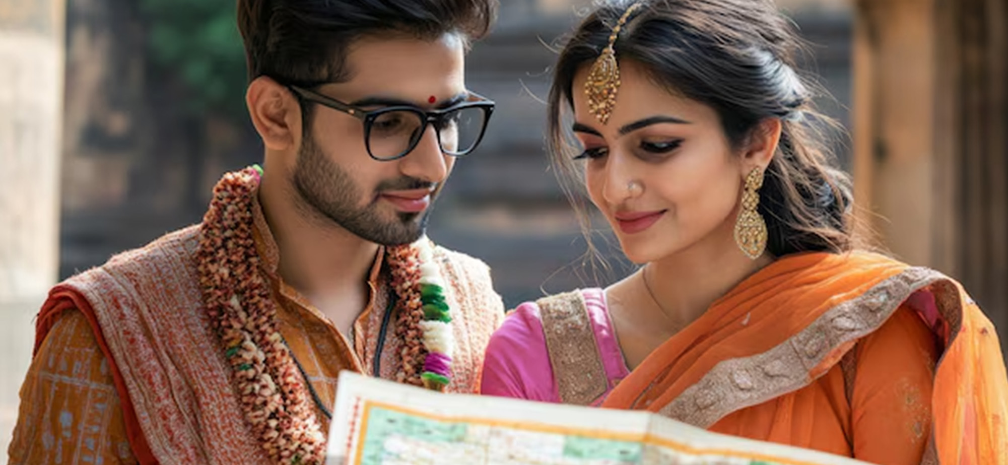 Couple planning destination wedding guest travel arrangements with travel documents and destination maps
