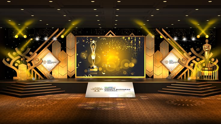 Elegantly decorated award ceremony stage in Chennai with spotlights and floral arrangements