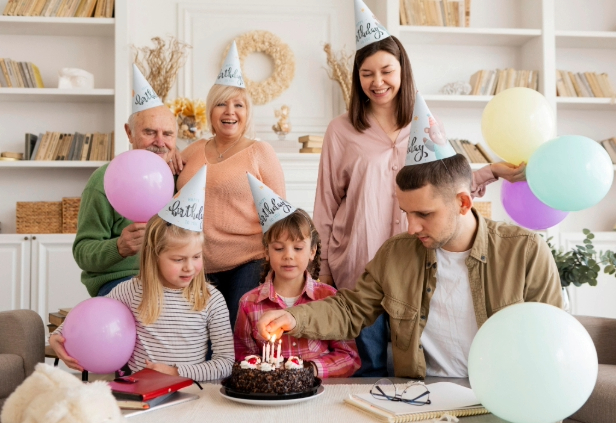 Colourful kids birthday party setup in Chennai with balloons, cake table and themed decorations