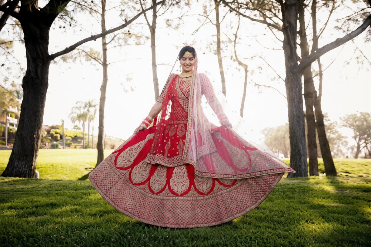 Indian bride comparing rental and purchase lehenga options with price tags and styling accessories