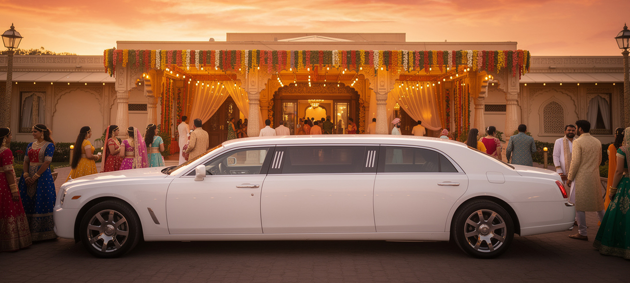 Elegant white limousine decorated with flowers for Indian wedding celebration