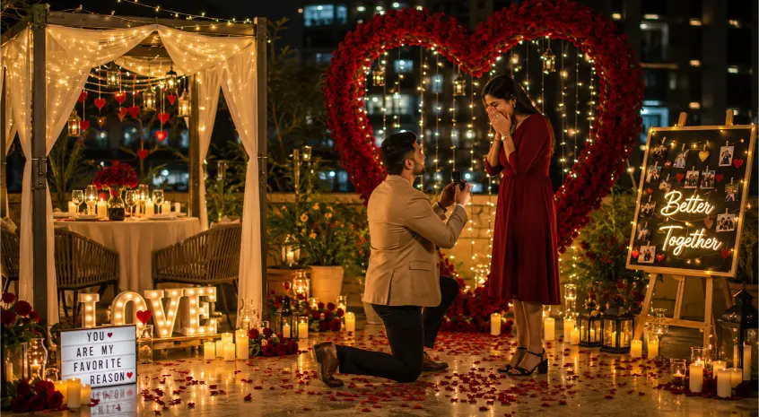 Couple celebrating love relationship with intimate dinner and decorations representing love celebration ideas