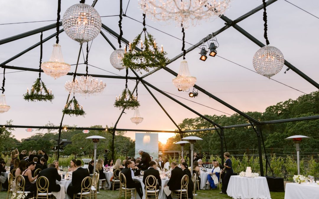Luxury event lighting Chennai — grand chandelier and fairy light canopy at a Tamil Nadu wedding venue