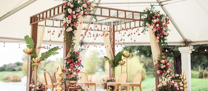 Luxury Wedding Entry Chennai with floral archway and LED lighting at a premium Chennai banquet hall