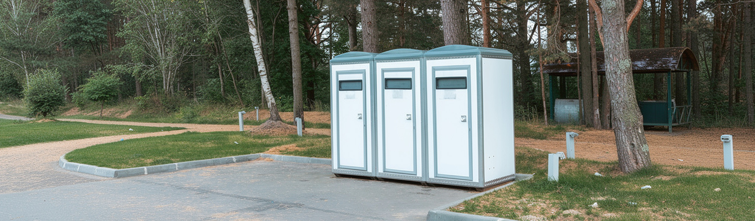 Elegant mobile toilet units at an outdoor wedding venue with floral decorations