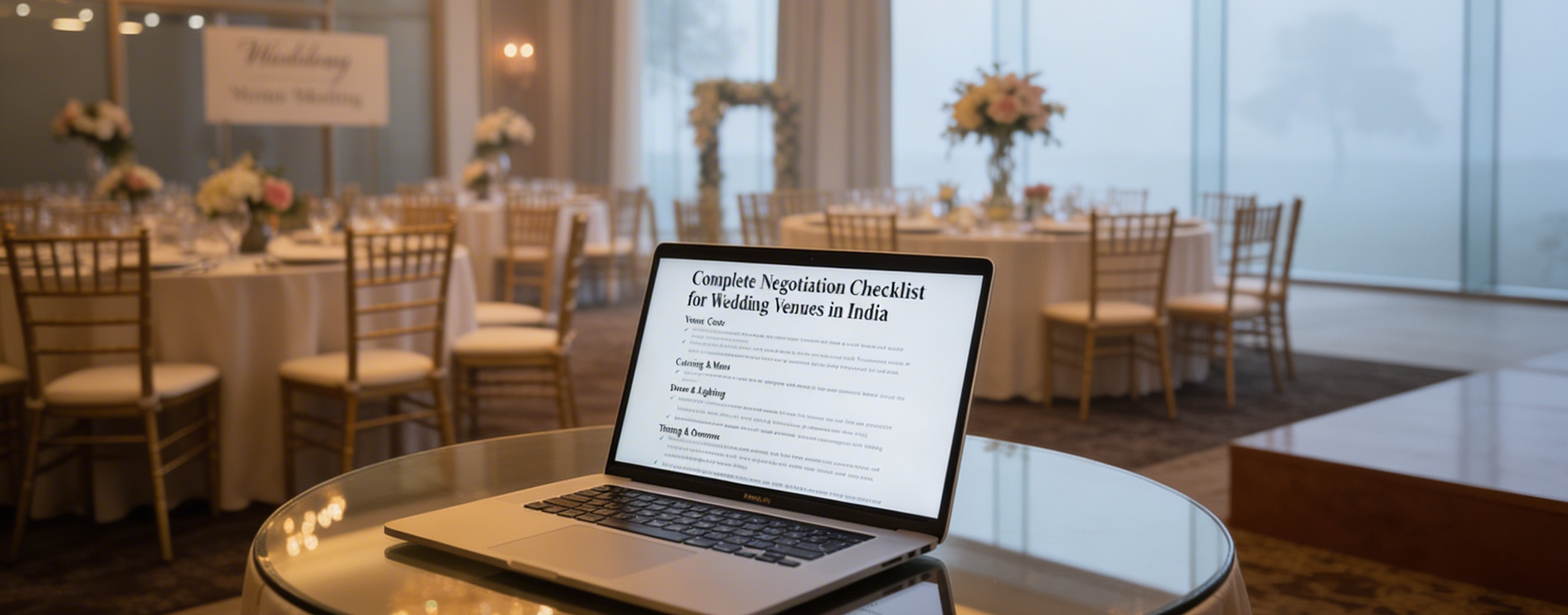 Bride and groom reviewing wedding venue contract with negotiation checklist