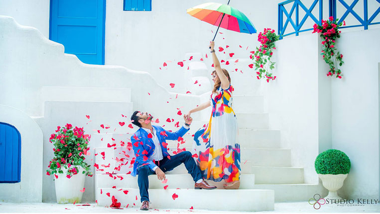 Romantic couple during pre-wedding photoshoot at scenic Indian location