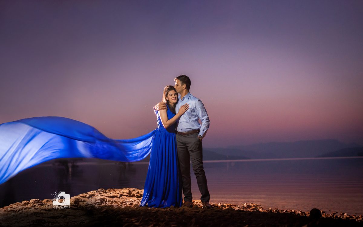 Beautiful Indian couple in coordinated outfits for pre-wedding photoshoot
