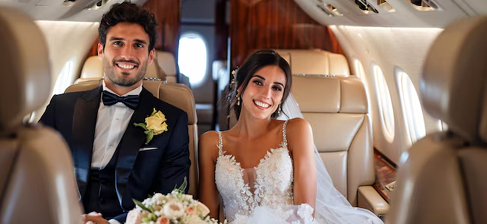 Luxury private jet wedding entrance with bride and groom arriving in style
