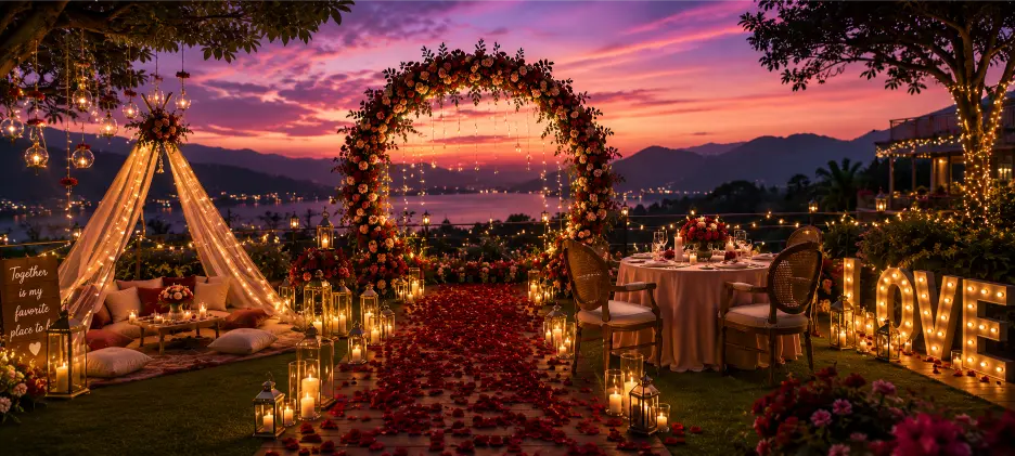 Romantic celebration ideas for couples including proposal, anniversary and date night event setups with candlelit dinners and intimate venues