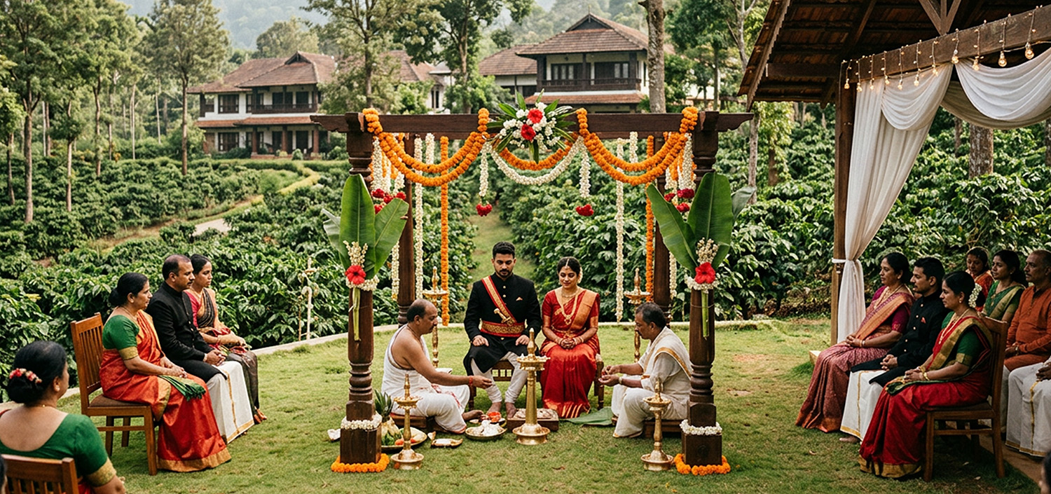 Luxury plantation wedding ceremony at Evolve Back Coorg with lush coffee plantation backdrop