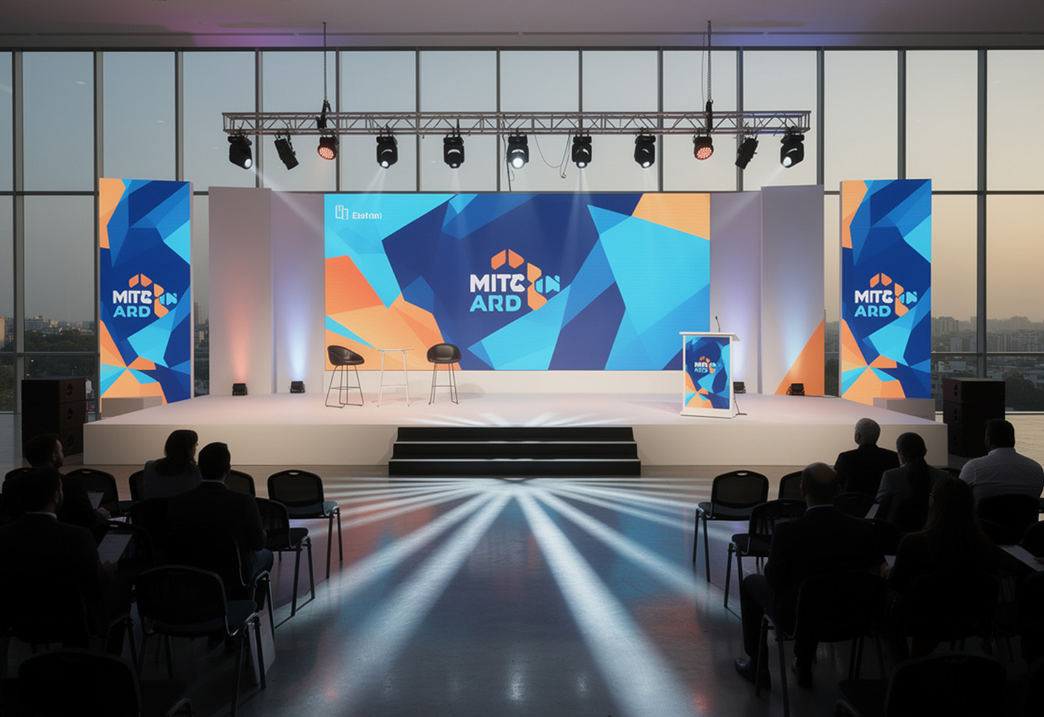 Clean corporate event stage design with branded lighting effects