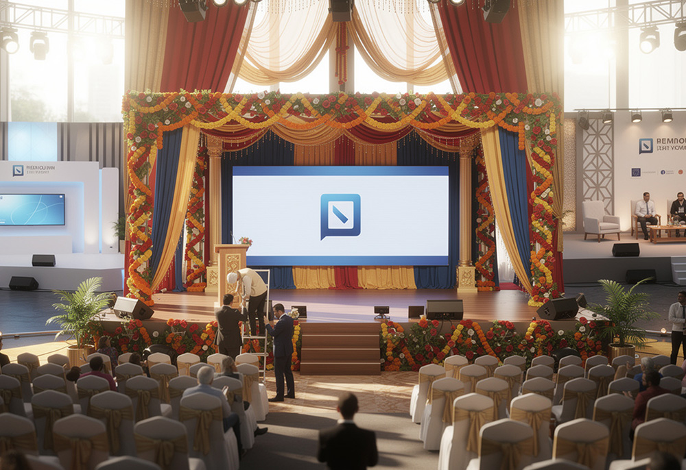 Collage of different corporate event stage themes and decoration styles