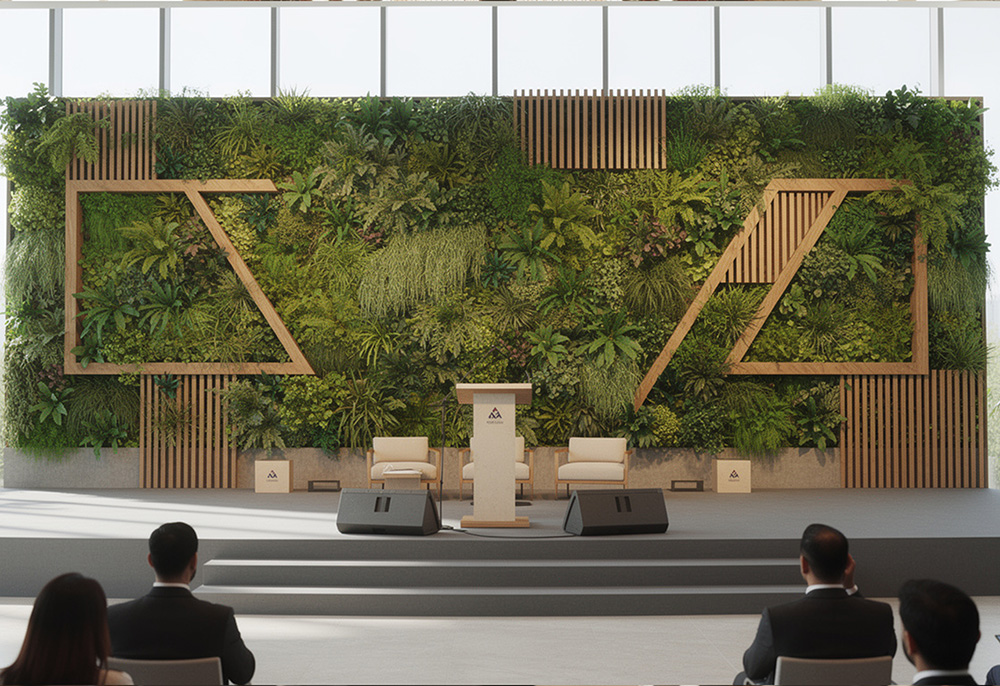 Corporate event stage featuring living wall backdrop and natural wood elements