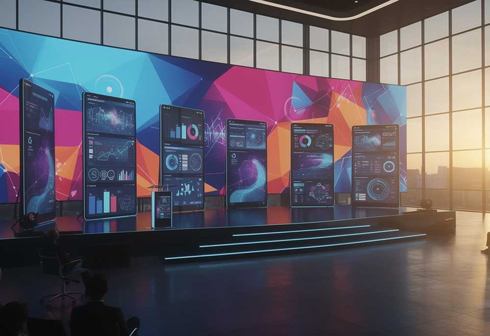 High-tech corporate stage with LED walls and interactive display elements