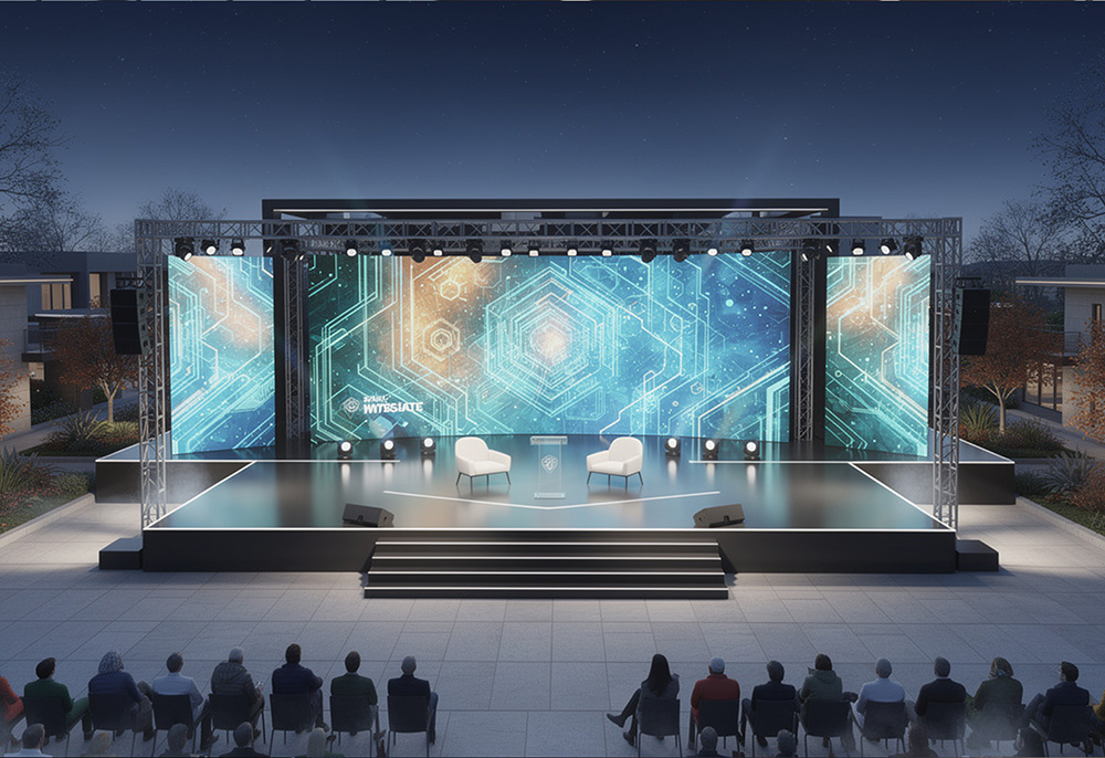 Modern minimalist corporate stage with LED backdrop and geometric elements