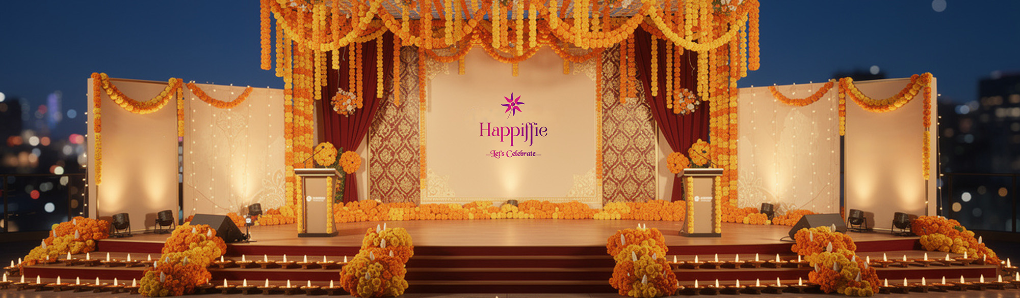 Elegant corporate event stage with modern lighting and floral arrangements