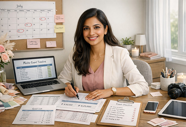 Event planner managing timeline checklist and budget planning workspace for stress-free event execution