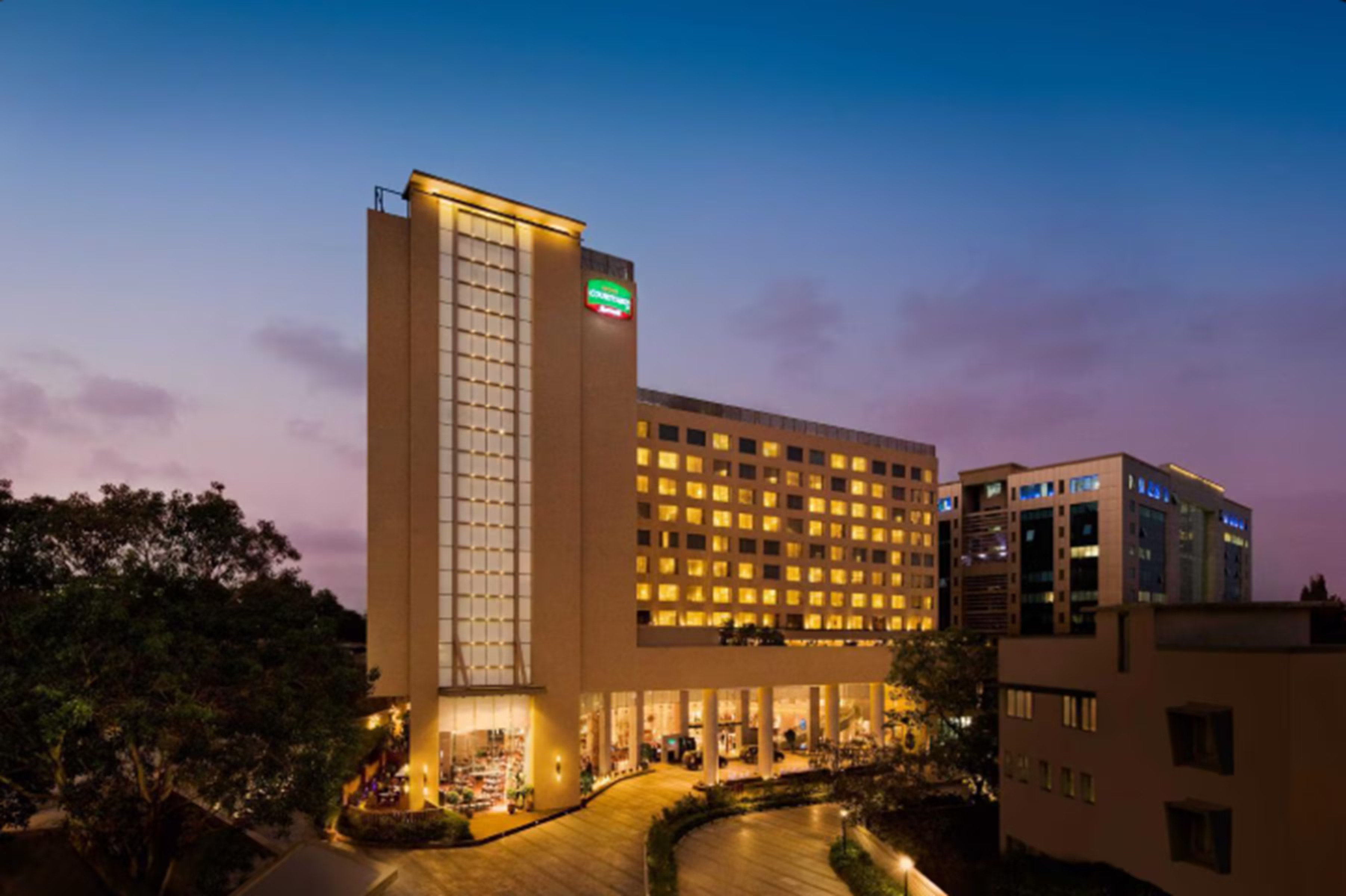 Elegant wedding reception setup at Courtyard by Marriott with stylish decor and ambient lighting