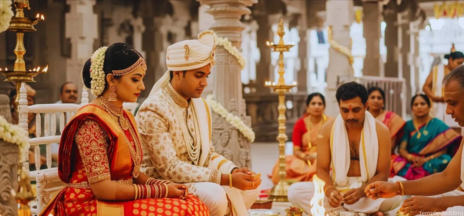 Traditional South Indian temple wedding ceremony in Chennai with decorated mandap and ritual arrangements