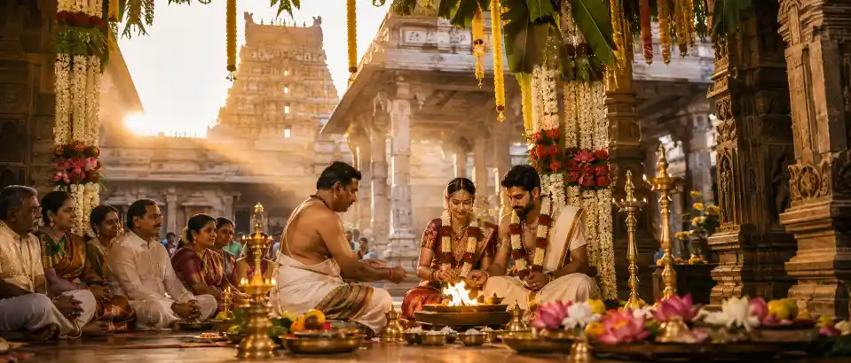 Temple wedding ceremony in India with traditional rituals and decorated mandap
