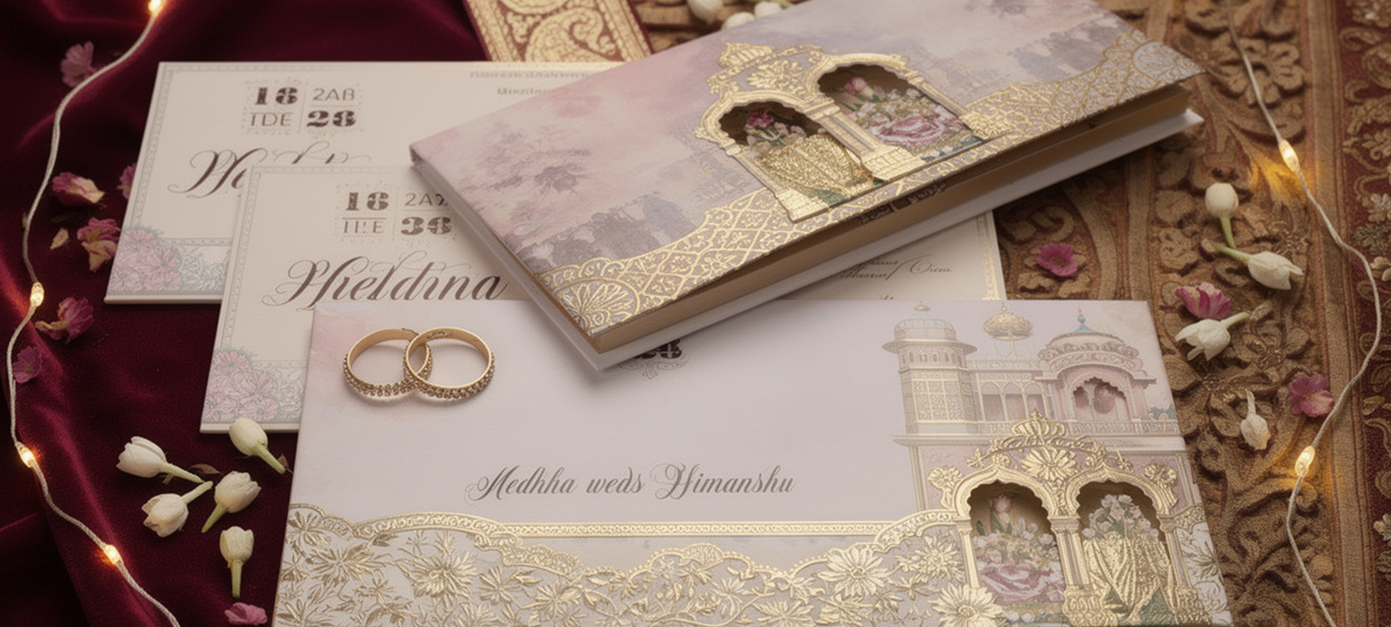 Traditional gold-embossed invitation next to modern minimalist wedding card design