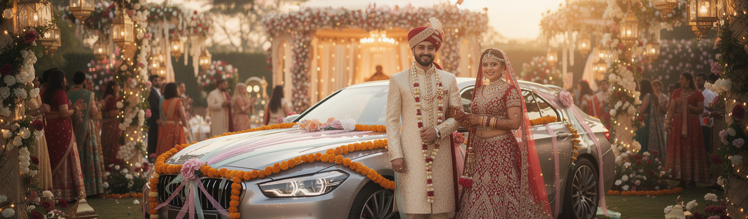 Elegant couple arriving at wedding venue in beautifully decorated vintage car with floral arrangements