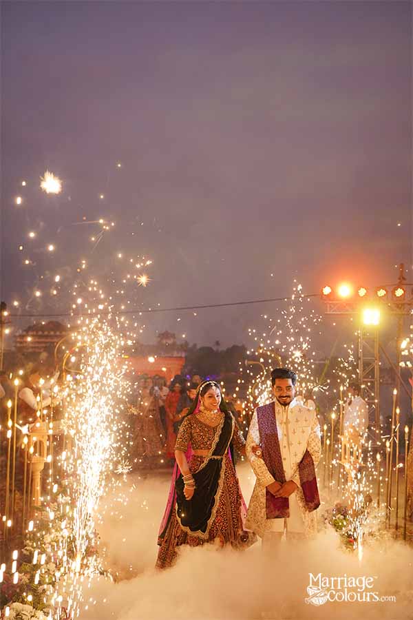 Bride and groom grand varmala entry with fireworks and cold pyros