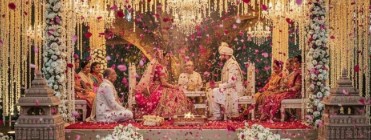 Varmala Petal Effects Chennai — rose petal shower raining down on a bride and groom during the garland exchange ceremony