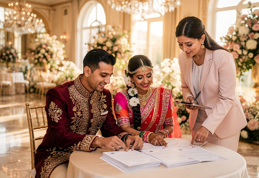Happy couple reviewing venue partnership benefits with wedding coordinator