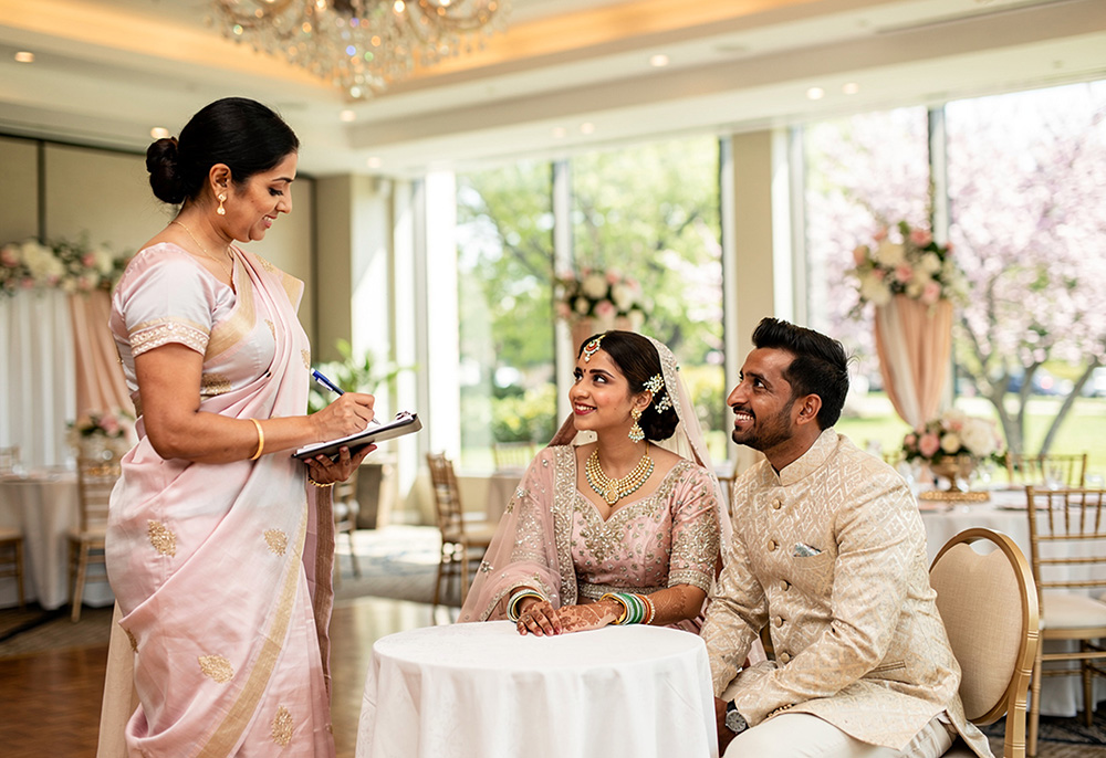Wedding venue coordinator discussing partnership arrangements with couple