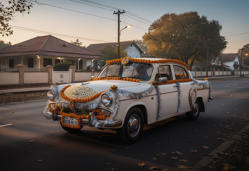 Vintage Ambassador car with traditional Indian wedding decorations