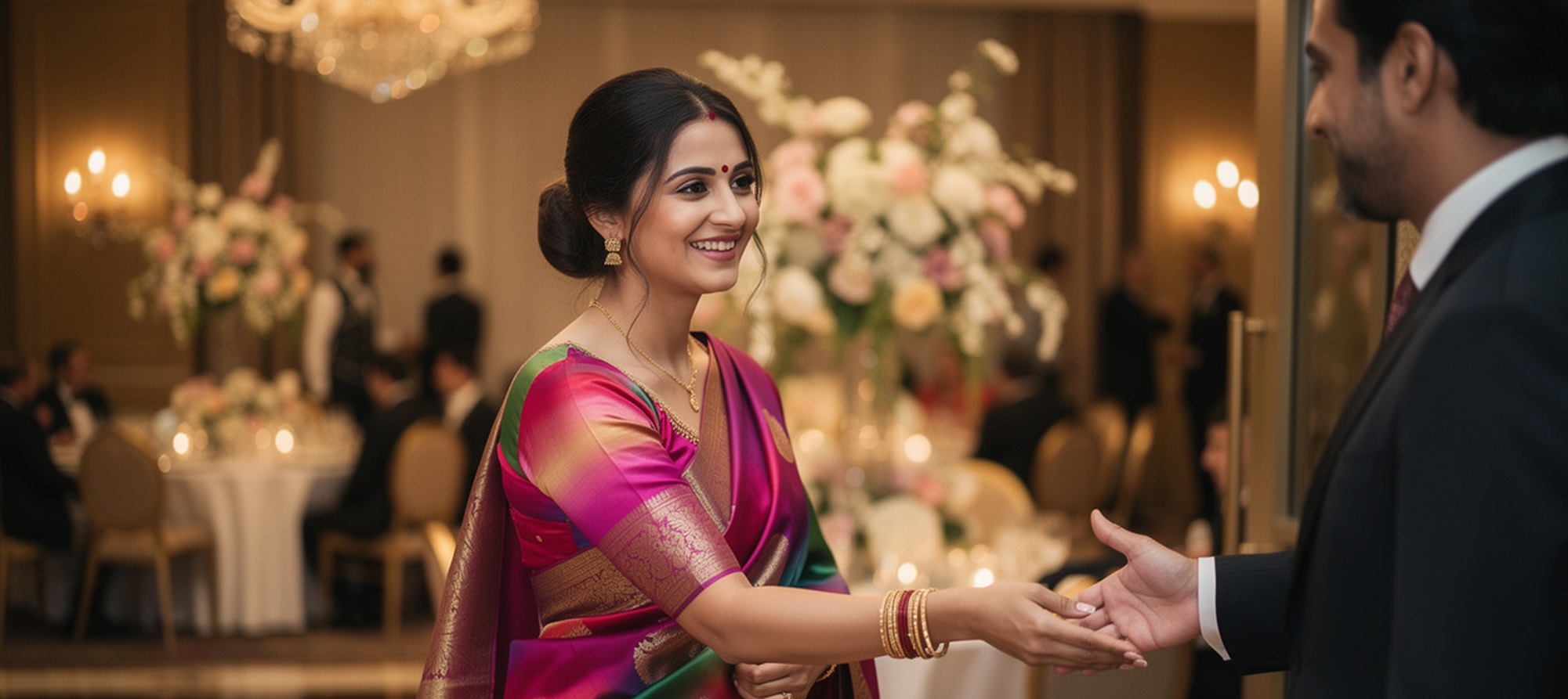 Elegant VIP guest receiving personalized welcome at luxury Indian wedding venue