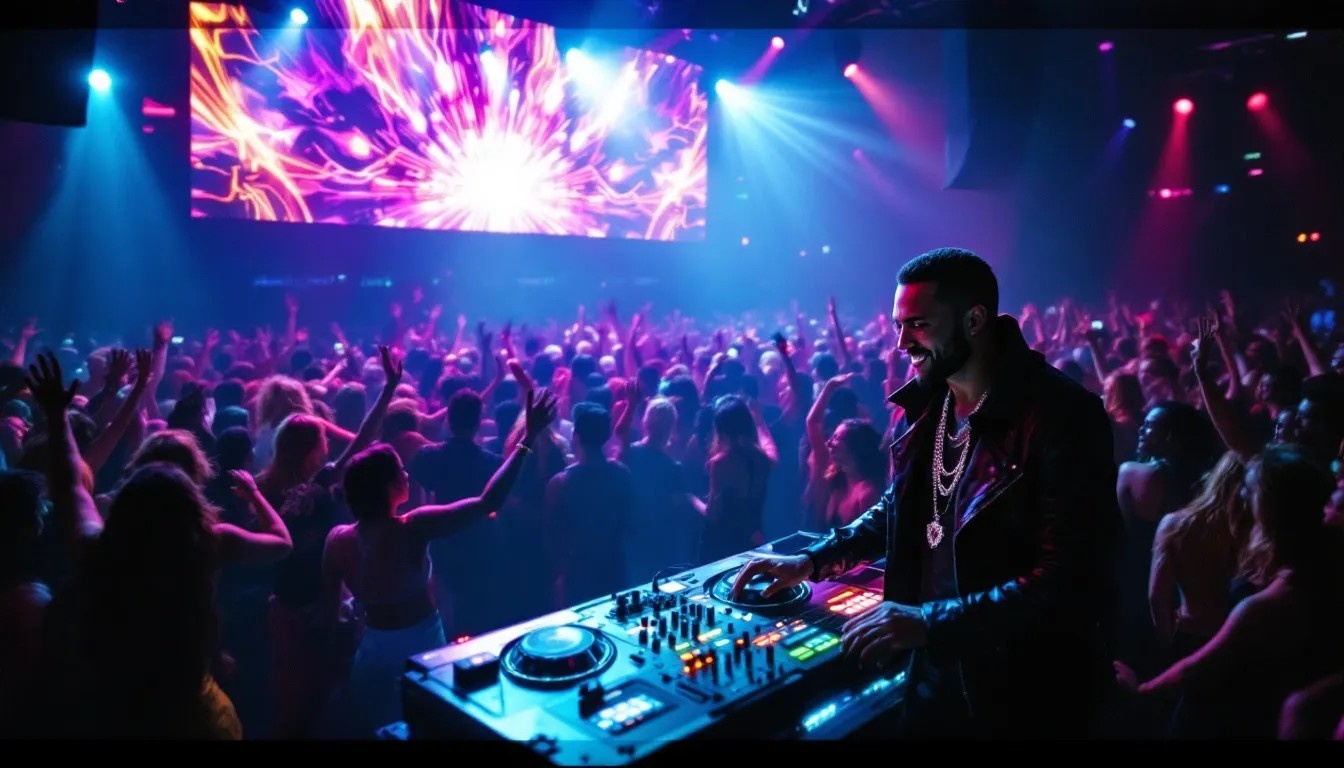 Professional visual jockey setup with LED screens and mixing equipment at modern event