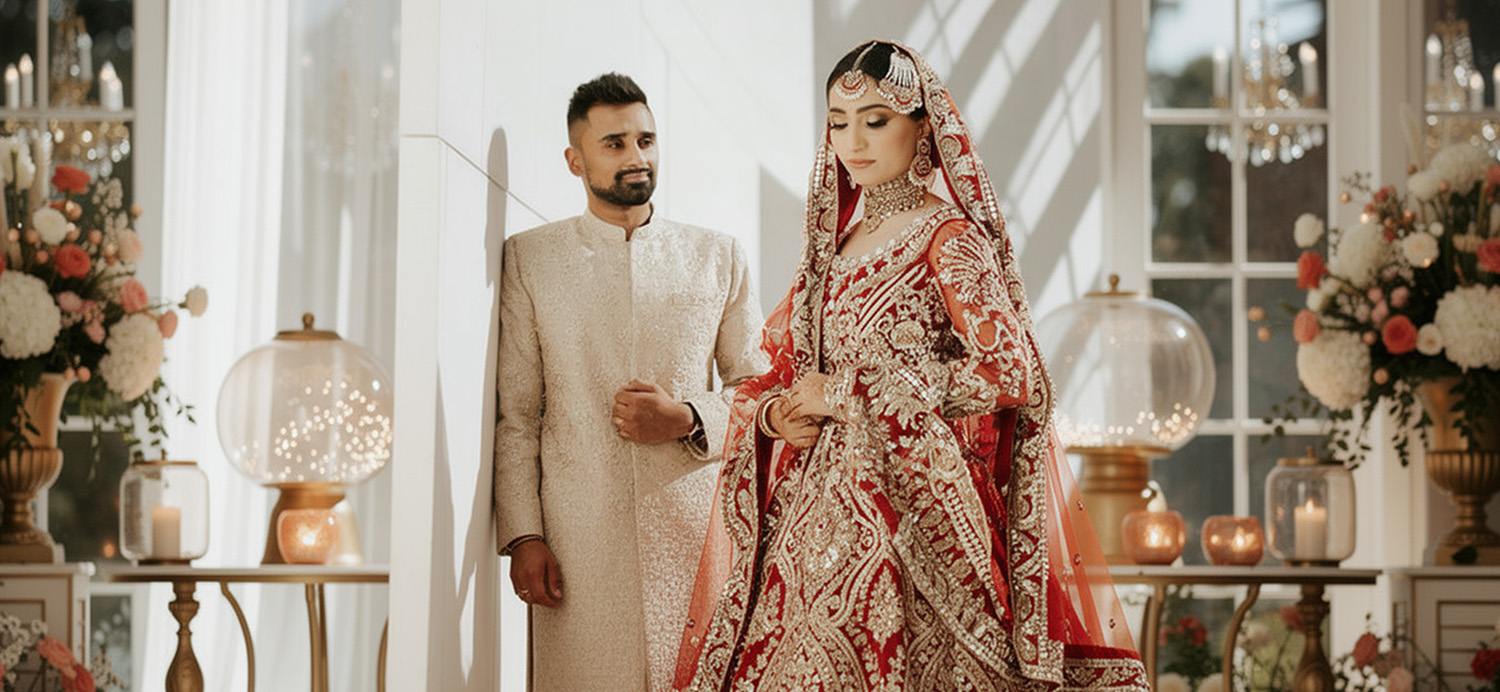 Indian bride getting makeup done with beauty products and budget planning sheets