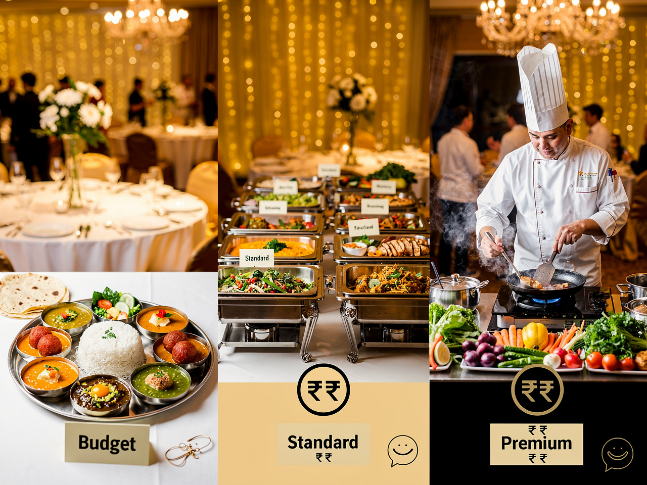 Variety of Indian wedding menu options displayed on elegant serving tables